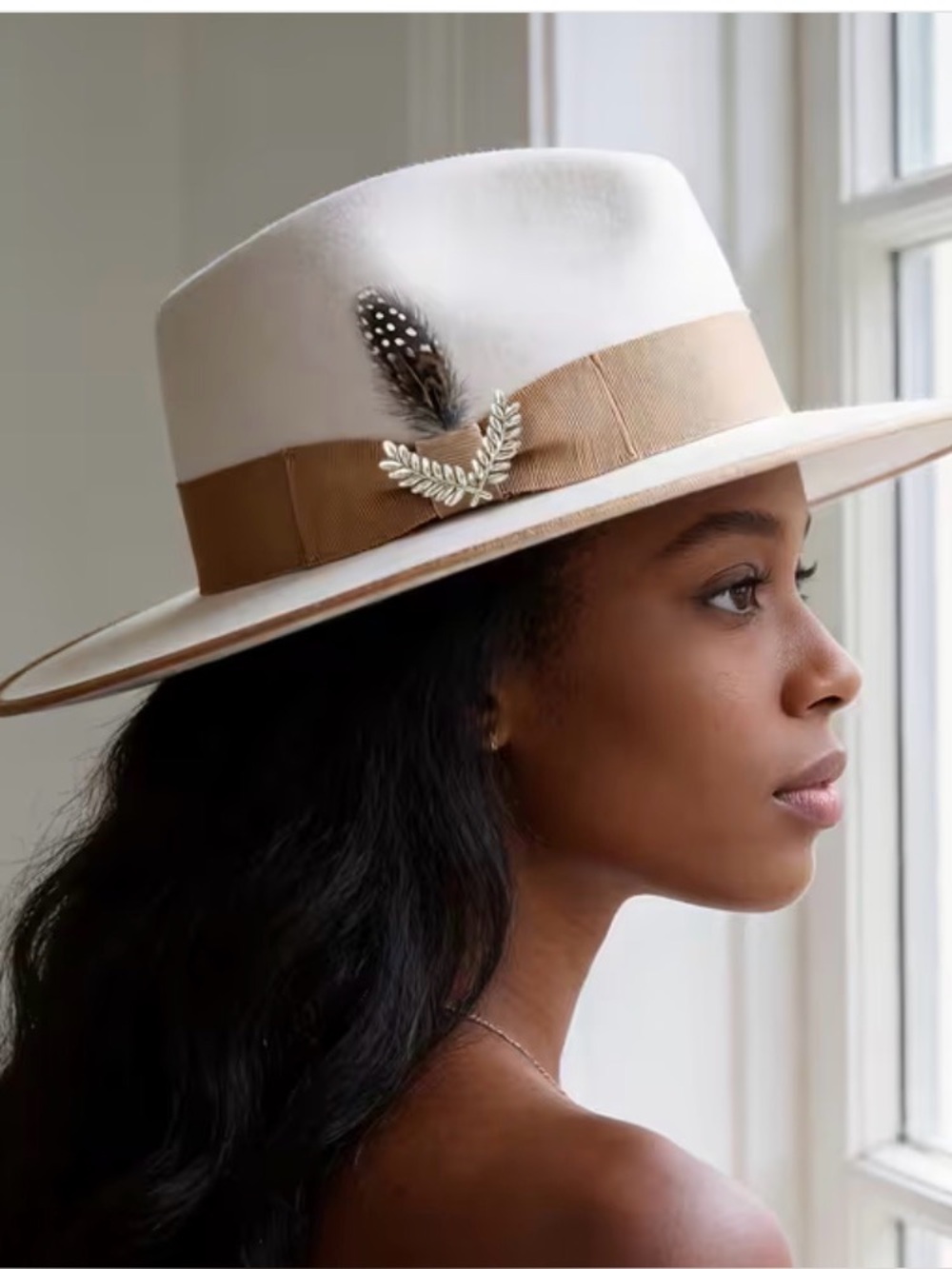 Womens Ivory Wide-Brim Fedora Hat with Tan Band